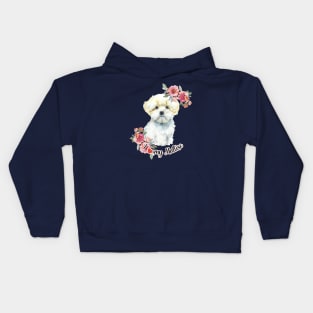 I love my Maltese Cute Maltese Puppy with Flowers Watercolor Art Kids Hoodie